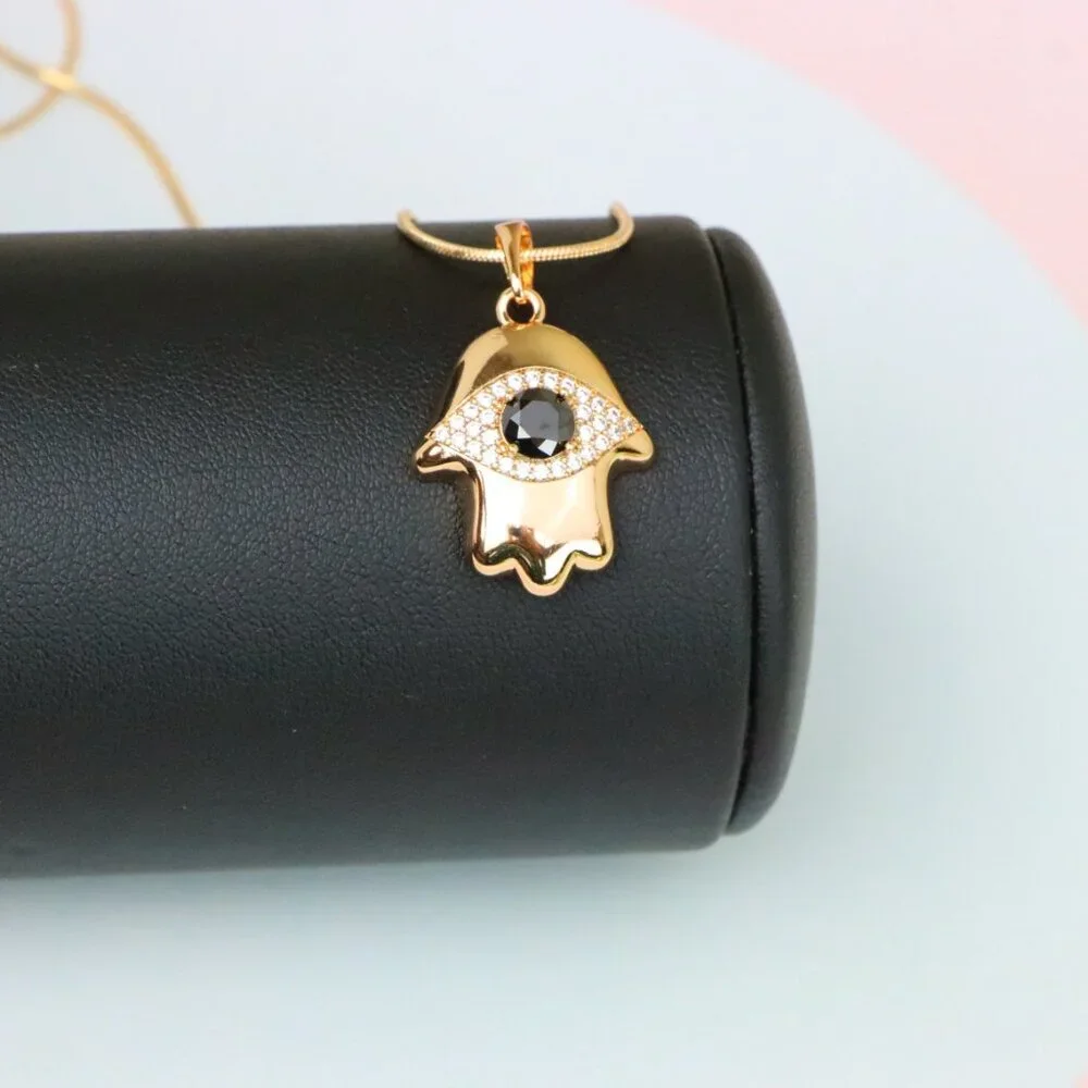 "Black Evil Eye Hamsa Pendant in Gold Plated Brass – Bold  Amulet, XPPT1756 - Picture 6 of 13
